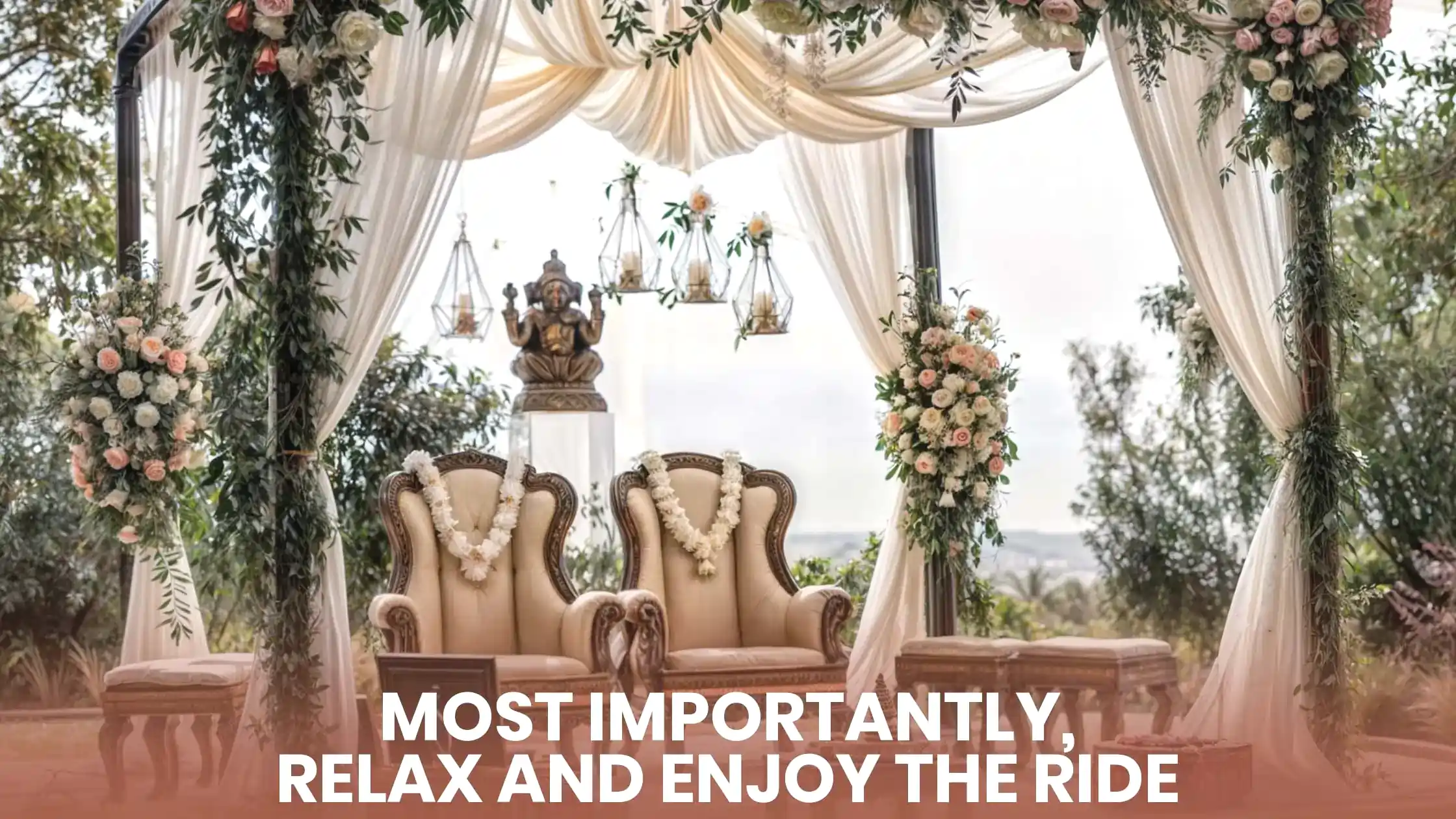 2 seats for the groom and bride and full on decoration around the place with flowers